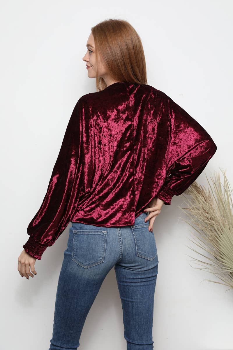 Nostalgia - Wholesale Blouse - Women's - E2V75-ASIS CRUSHED VELVET V NECK EMBROIDERED TIE WAIST TOP4