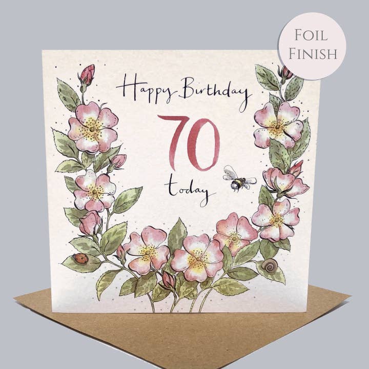 70th Birthday Card - Rosa Canina for wholesale by Ink and Snail Limited