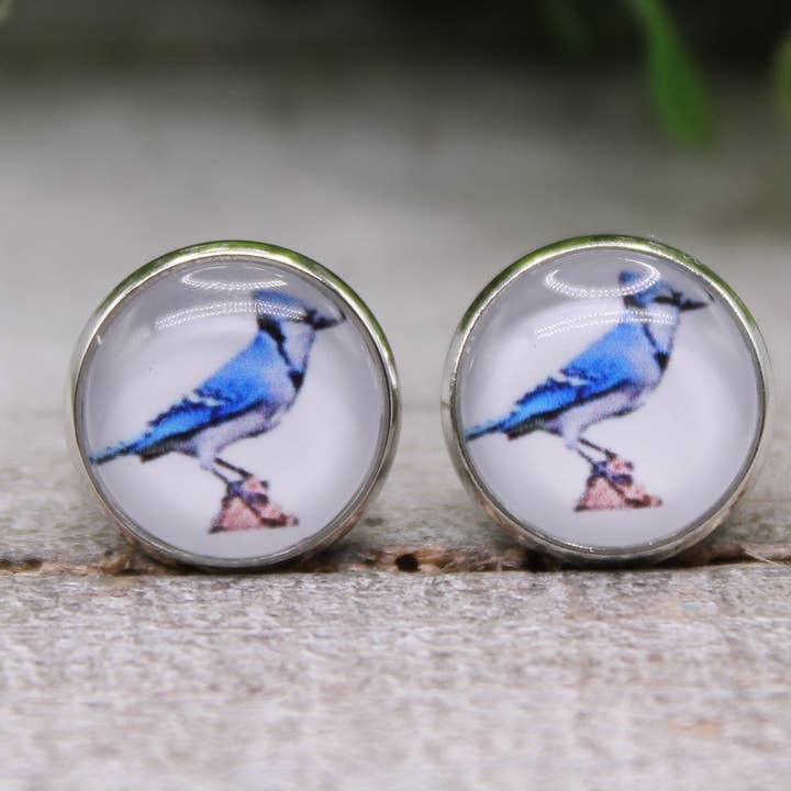 Blue Jay || 12mm Glass Stud Earrings || Hypoallergenic for wholesale by Hylidae Boutique