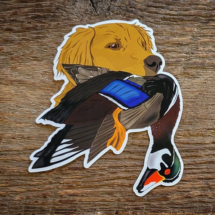 Golden Retriever with Wood Duck Sticker for wholesale by creeknuts.com