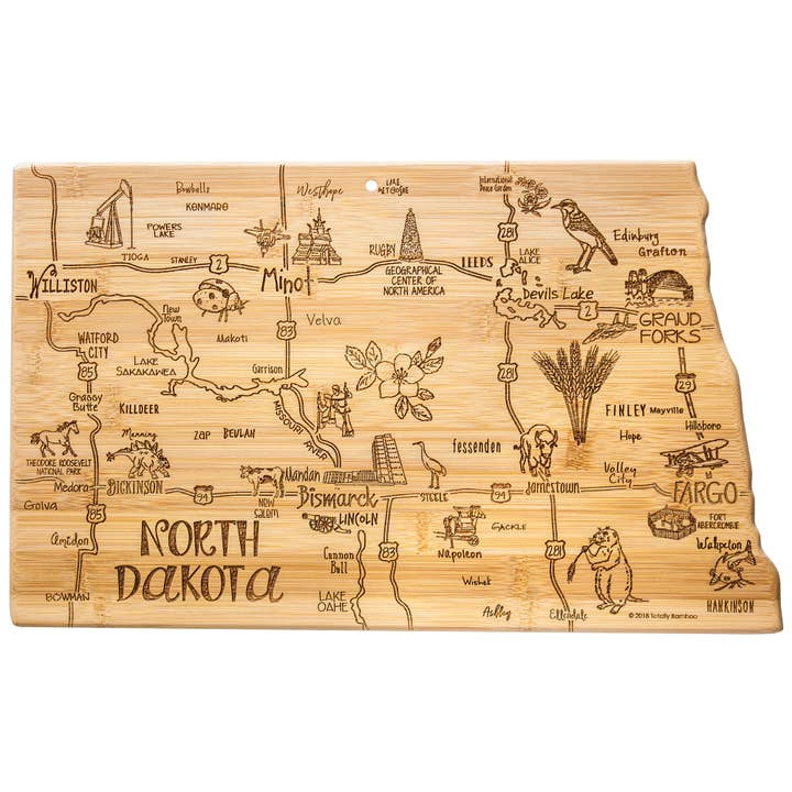 Destination North Dakota Cutting Board with Engraved Artwork for wholesale by Totally Bamboo