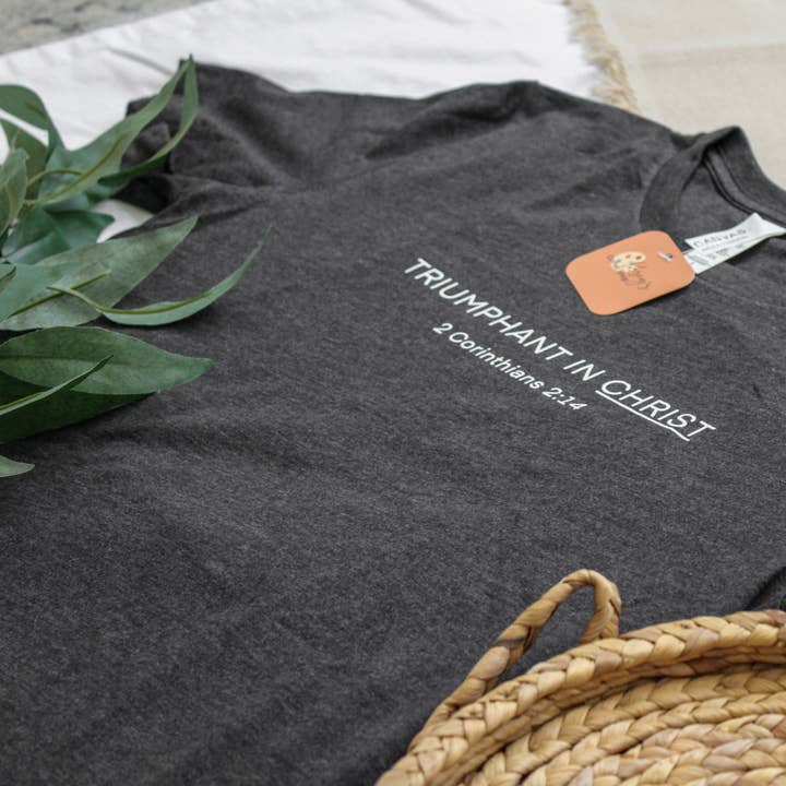 Common Grace Print Shop - Wholesale Screen Printed T-Shirt - Women's - Triumphant in Christ UNISEX Short-Sleeve T-Shirt (Color: Heathered Charcoal)1