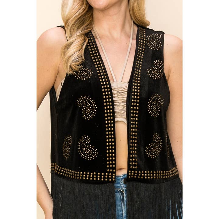 VOCAL - Wholesale Outerwear Vest - Women's - VELVET FRINGE VEST WITH PAISLEY STUDS