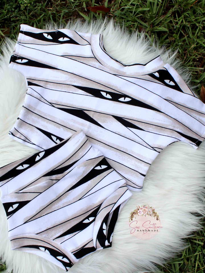 Glow in the Dark Mummy Lounge Set Halloween Bummies and Crop for wholesale by Sew Southern Kids Couture