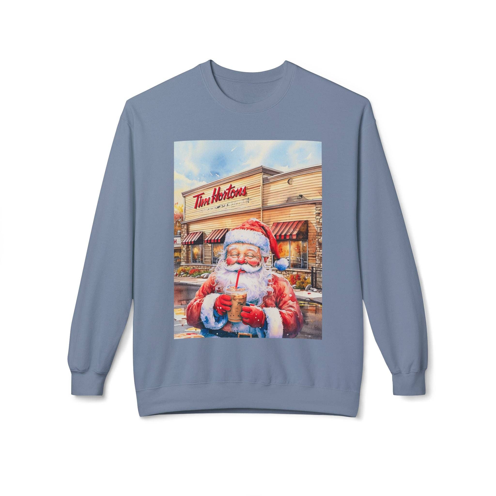 Buffalovely - Wholesale Graphic Sweatshirt - Women's - Santa with an Iced Coffee at Tim Horton's Cozy Unisex Christmas Crewneck Sweatshirt6