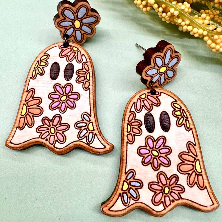 Floral Ghost Dangle Handmade Wood Earrings for wholesale by The Poppy Peach, LLC.