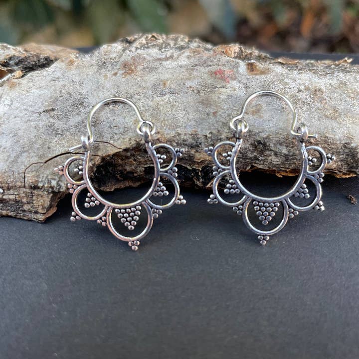 Kaali Boutique - Wholesale Hoop Earrings - Mini Afghani Silver Hoop Earrings; Ethnic, Geometric, Small, Rustic, Yoga, Hippie, Gypsy, Pretty, Ssy, Boho, Bohemian, Festival3