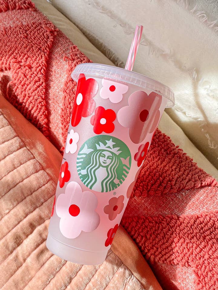 Pink And Red Retro Flowers Valentine’s Day Starbucks Cup for wholesale by Lovely JEN's Designs