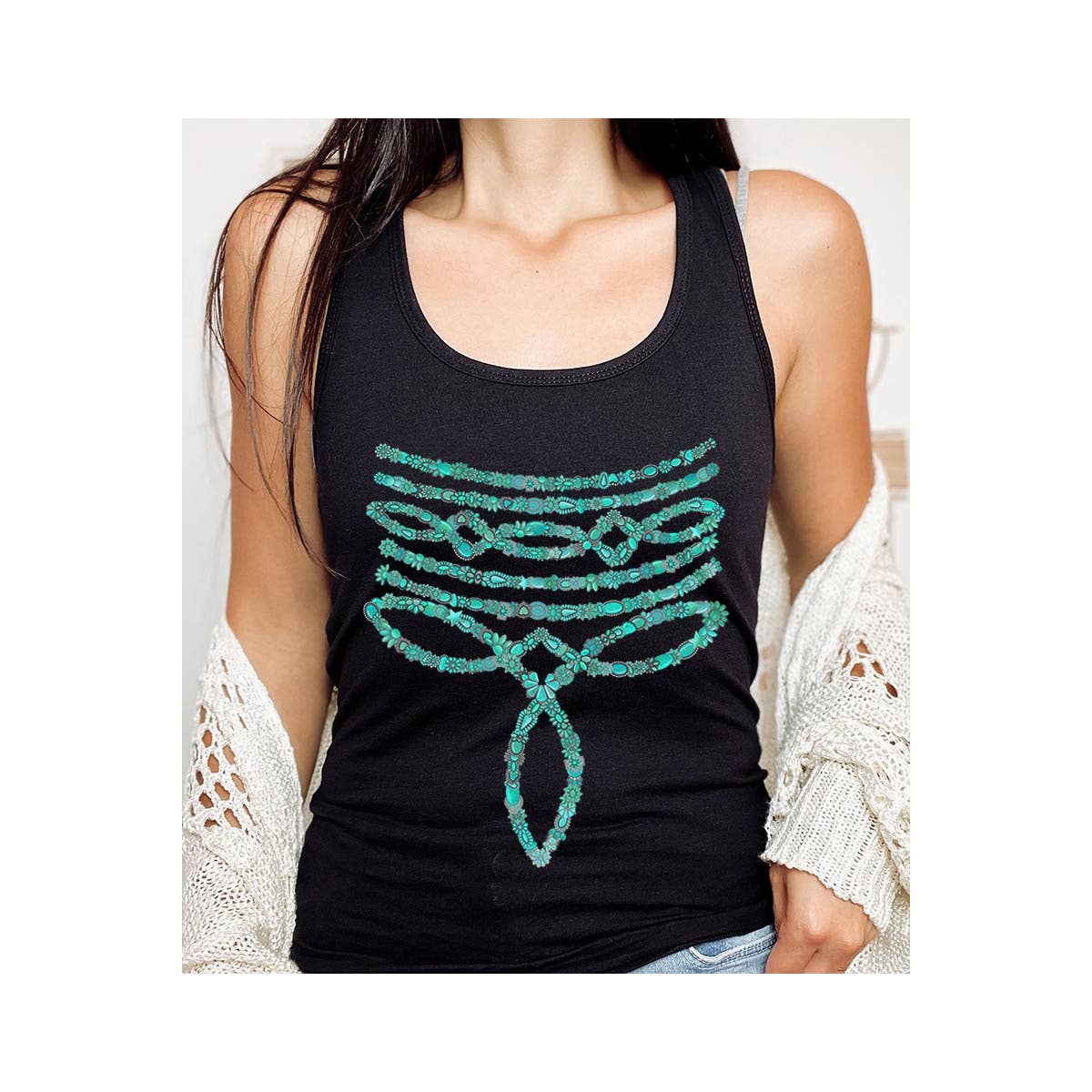 COLORBEAR - Wholesale Tank Top - Women's - Turquoise Stone Stitch Graphic Racerback Tank Top8