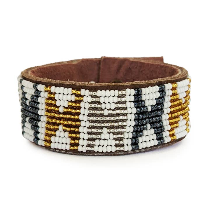 Medium Arrows Metallic Beaded Leather Cuff for wholesale by Swahili Coast