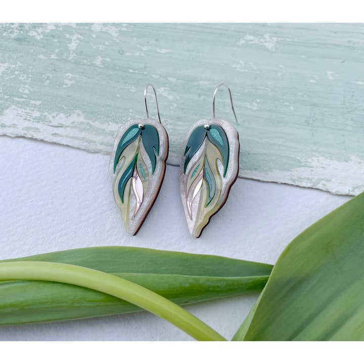 Calathea Leaf Hook Earrings : Pink & Green for wholesale by Rosa Pietsch