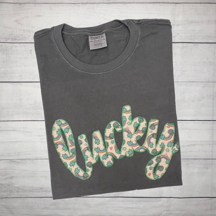 Lucky Applique St. Patrick's Day Short Sleeve TShirt for wholesale by Handmade Pieces Company LLC