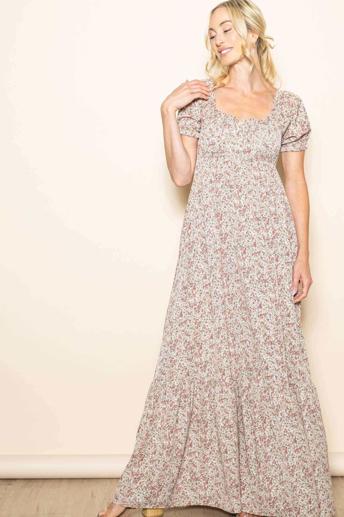 Elloh Collection - Wholesale Dress - Women's - Romantic Puff Sleeve Wide Flare Empire Maxi Dress w Pockets7