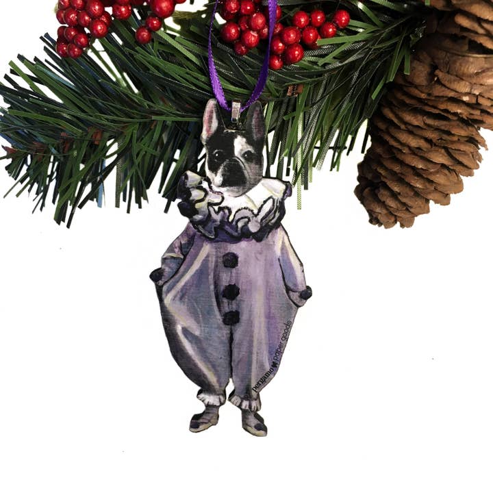 Pergamo Paper Goods – wholesale Ornament – Frenchie Clown Christmas Ornament (French Bulldog)