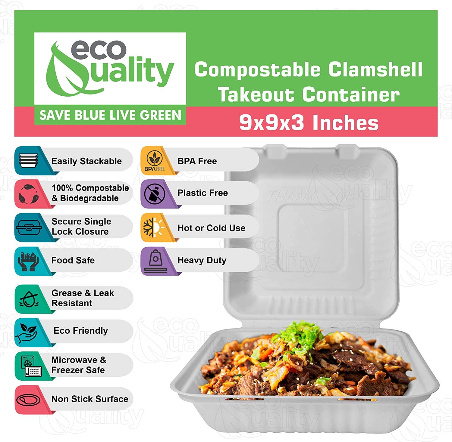 EcoQuality - Venta al por mayor Recipientes para alimentos - Caja compostable cuadrada con bisagras para comida para llevar de 9 x 9 pulgadas1