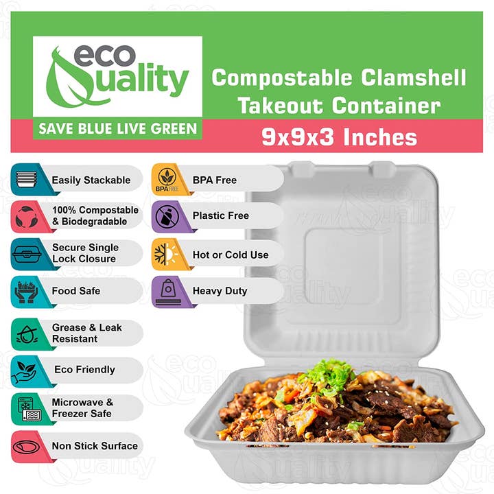 EcoQuality - Venta al por mayor Recipientes para alimentos - Caja compostable cuadrada con bisagras para comida para llevar de 9 x 9 pulgadas1