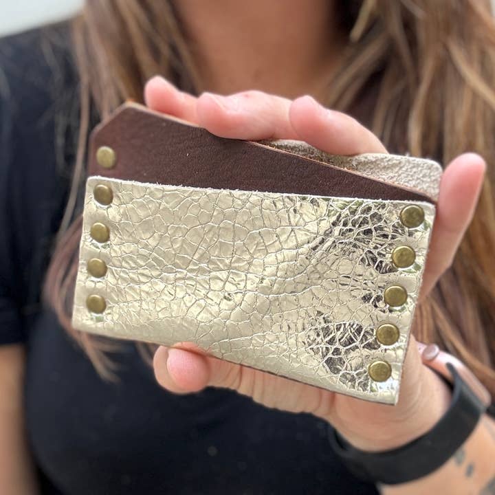 Riveted Leather Card Wallet - Champagne Crackle for wholesale by Raleigh Leather
