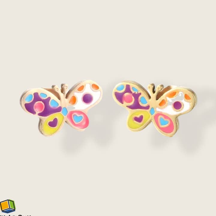 Brincos dourados com borboletas coloridas para meninas e crianças por atacado de HTB