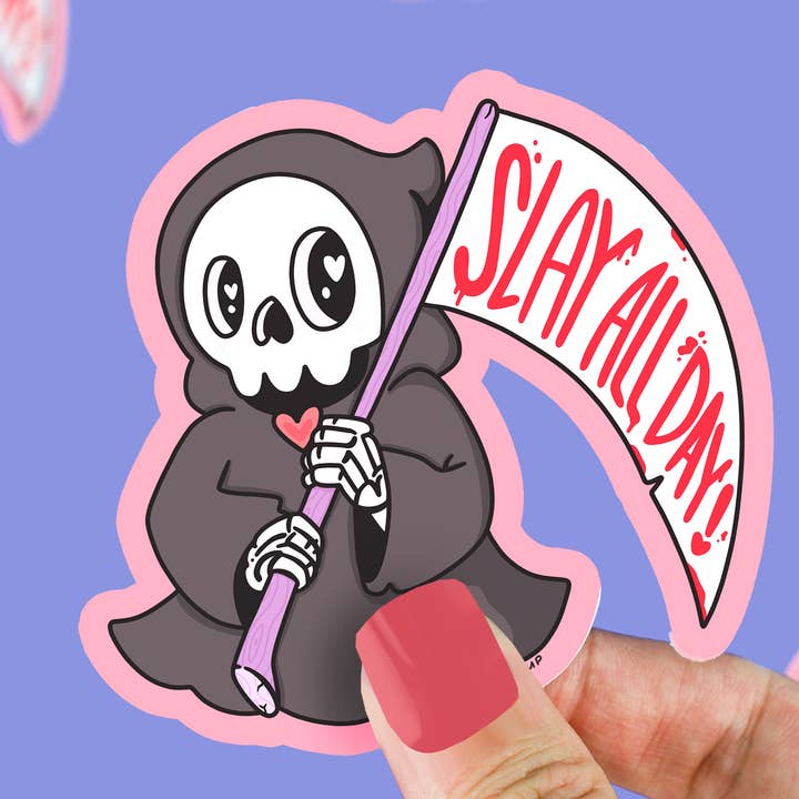 Slay All Day Cute Grim Reaper Halloween Vinyl Sticker for wholesale by Turtle's Soup