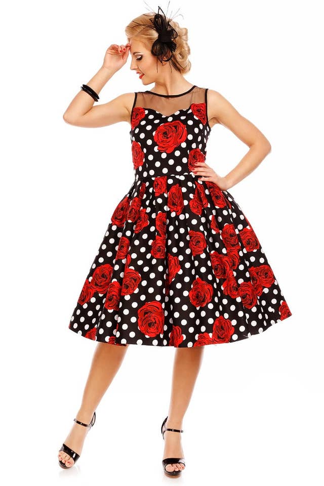 Dolly & Dotty – wholesale Dress – Women's – Elizabeth Vintage Style Polka Roses Party Dress in Black-Red11