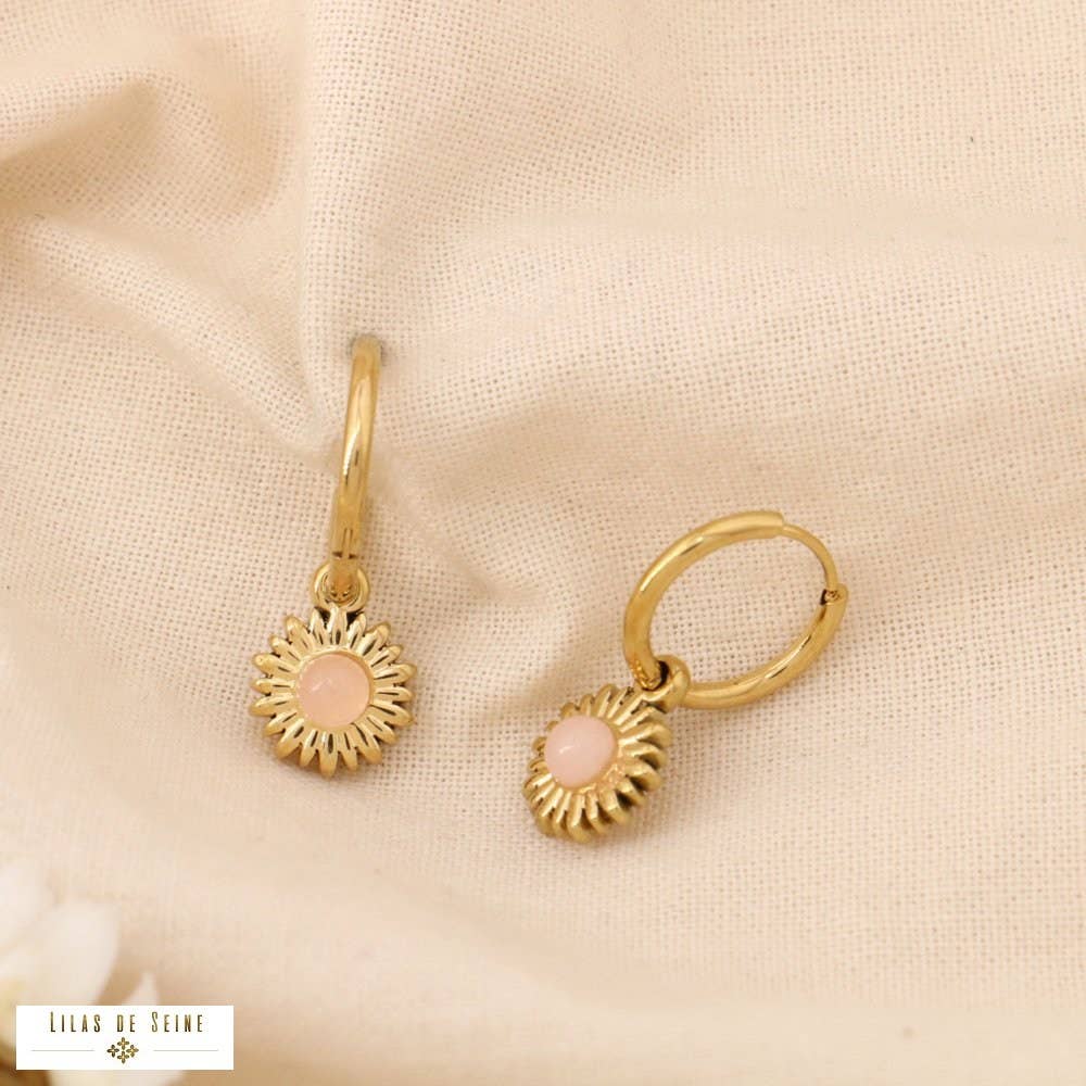 Lilas de Seine - Wholesale Hoop Earrings - Mini Creoles Steel Flower Pendants Mother-of-Pearl Stone 03250135