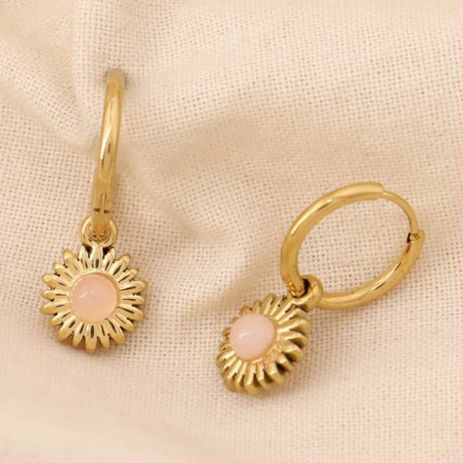 Mini creoolse oorbellen van staal met bloemhanger en parelmoer steentje 0325013 voor wholesale door Lilas de Seine