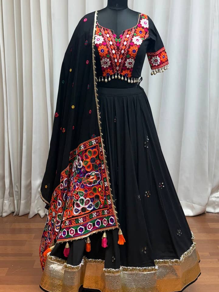 HATKE BRIDE - Wholesale Top & skirt set – Women's - Black Viscose Cotton Navratri Chaniya Choli For Indian Garba (9 Meters Flair) - Kutchi Patch Work, Thread Embroidery Work, Real Mirror Work2