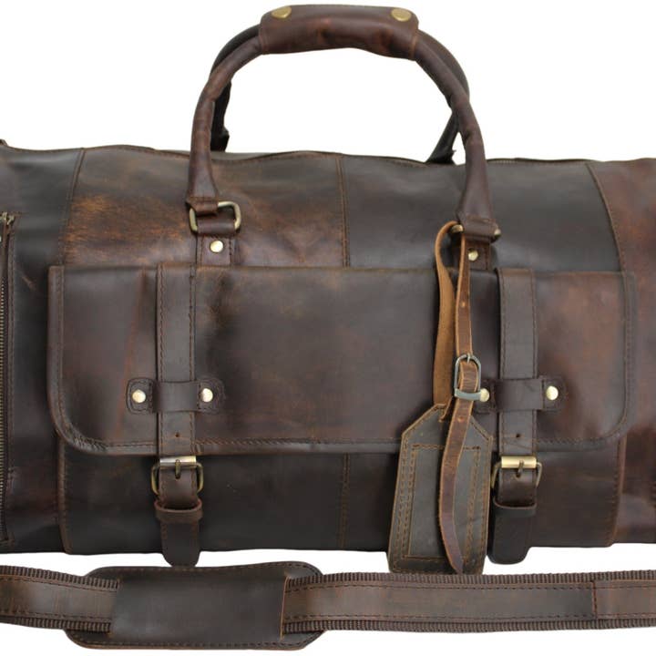 hide & chic - Wholesale Weekender bag – Unisex - Quality Full Grain Genuine Leather Travel Bag with Adjustable Shoulder Strap. FREE Leather Apple Air-tag Holder.26