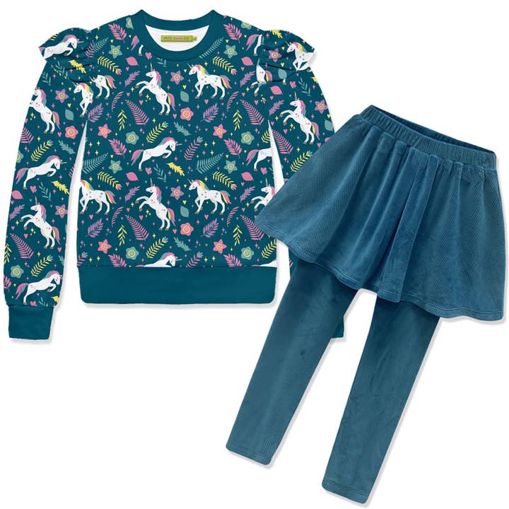 Girls Teal Unicorn Leap Velour Sweatshirt & Skirted Leggings for wholesale by Millie Loves Lily