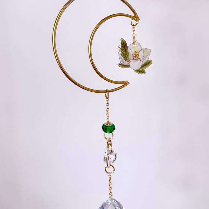 D. Prince Designs - Wholesale Suncatcher - Handmade + Hand-Illustrated Southern Magnolia Flower Suncatcher with Green Beads2