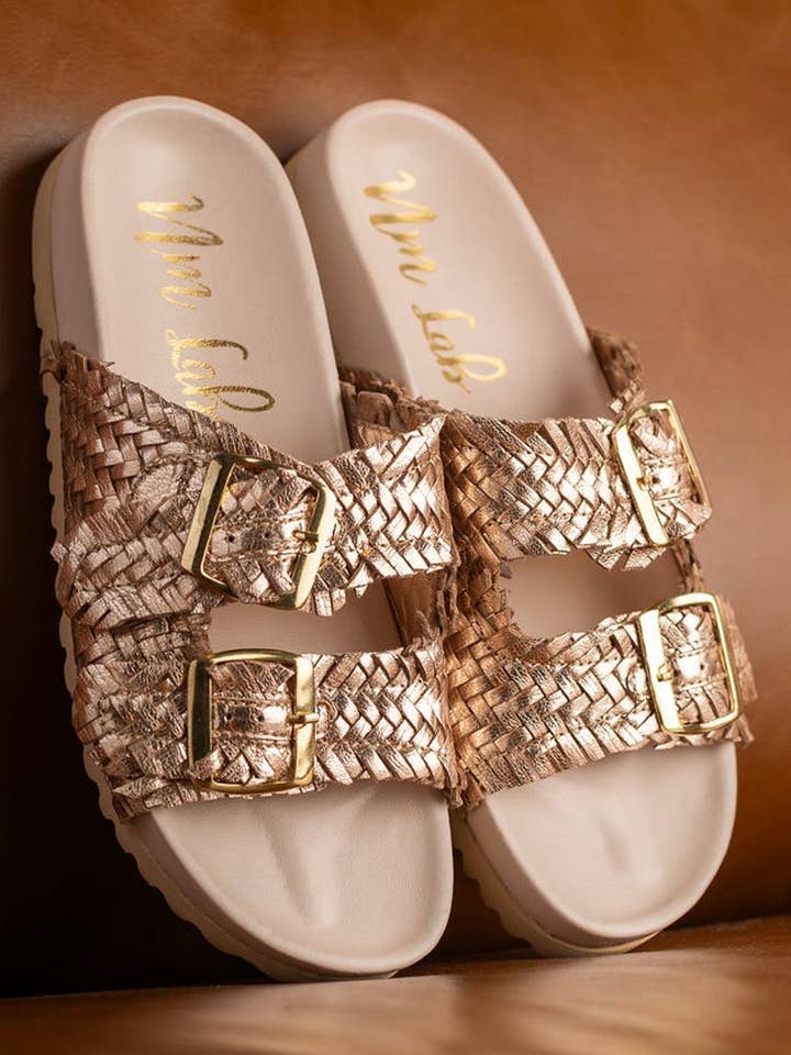 Intertwine Dual Woven Strap Slide in Champagne for wholesale by Naughty Monkey Open Pack