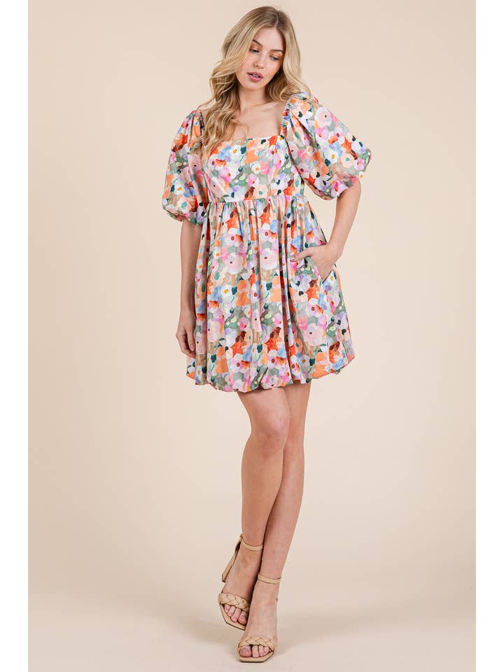 Pink Multi Floral Bubble Skirt Babydoll Mini Dress, MD51415 for wholesale on Faire