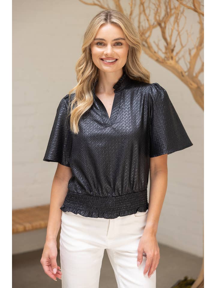 VOY - Wholesale Blouse - Women's - 35926 Smocked Hem and Solid Textured Top1