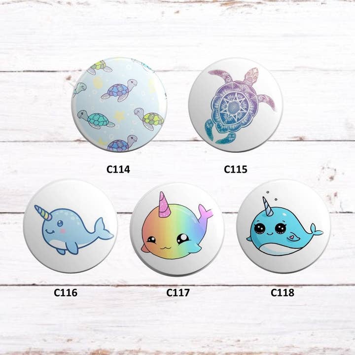 Exchangeable Badge Button Turtles & Narwals for wholesale by Exchangeables Badge Reels