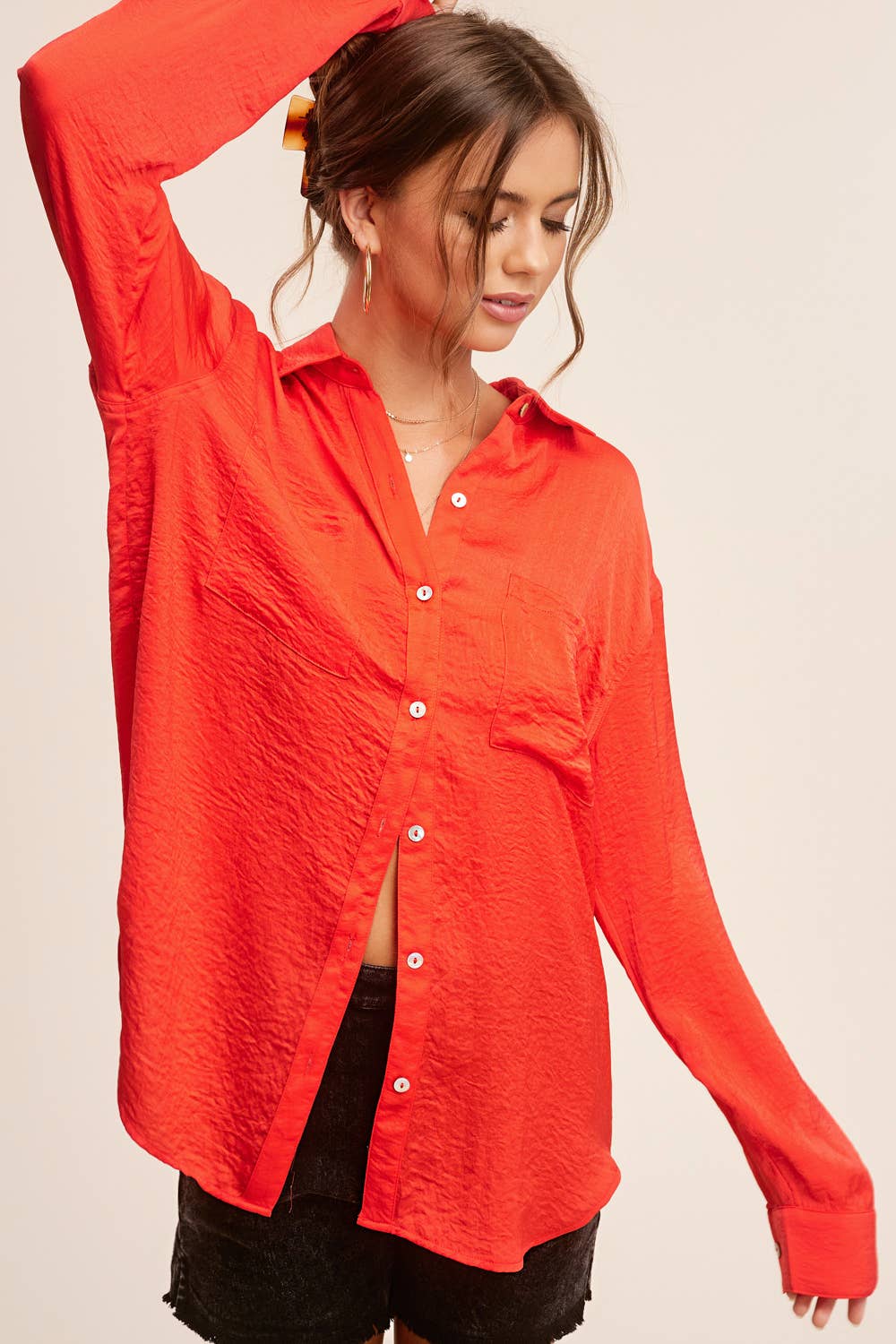 La Miel - Wholesale Button Down Shirt - Women's - SRT7452-Silky and Flowy Button Down Long Sleeve Shirts7