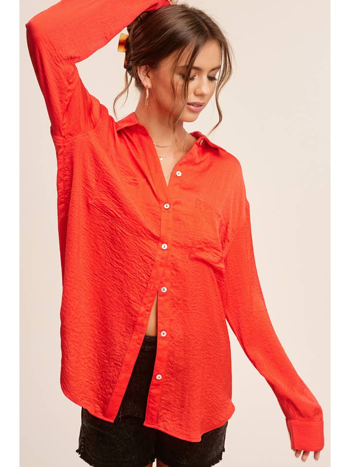 La Miel - Wholesale Button Down Shirt - Women's - SRT7452-Silky and Flowy Button Down Long Sleeve Shirts7