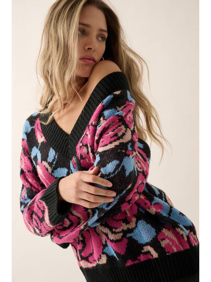 Promesa USA - Wholesale Knit Sweater - Women's - Floral V Neck Long Sleeve Loose Fit Sweater