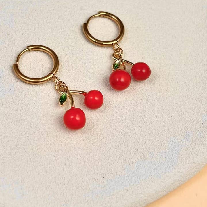 COSMOS - Wholesale Dangle Earrings - Cherry Dangle Hoop Earrings in Stainless Steel1