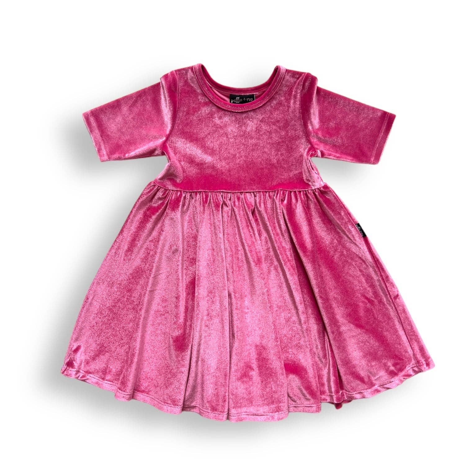 millie + roo LLC - Wholesale Dress - Kids - VELVET MID SLEEVE TWIRL- Pink Opal (Hot Pink) Stretch Velvet Twirl Dress7