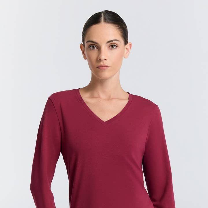 4413-069 | Maglia donna a scollo a V manica lunga - rosa acceso per la vendita all'ingrosso da parte di Leela Cotton