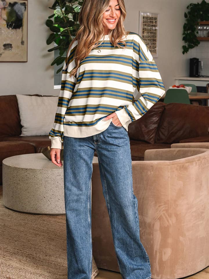 Lovesoft - Wholesale Sweatshirt - Women's - Khaki Stripe Crew Neck Drop Shoulder Pullover Sweatshirt3