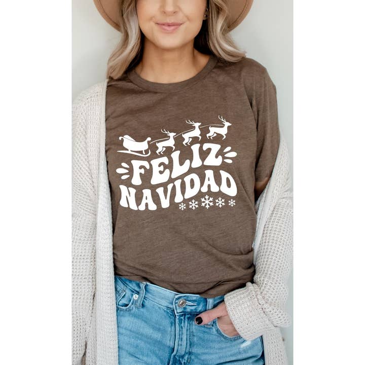 Kissed Apparel - Wholesale Screen Printed T-Shirt - Women's - Sleigh and Reindeer Feliz Navidad Graphic Tee8