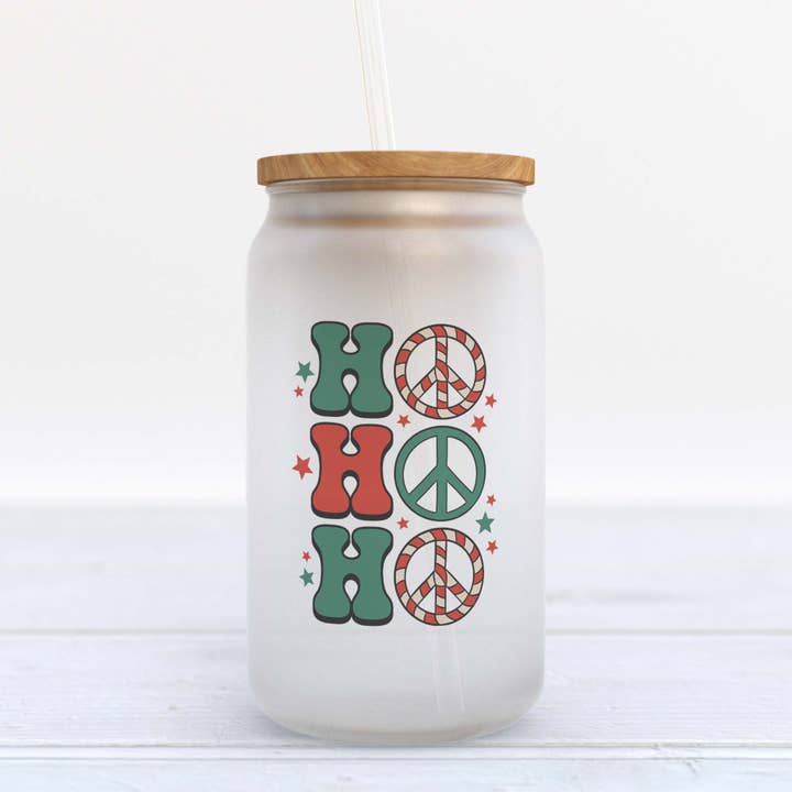 Ho Ho Ho Peace Signs Christmas Frosted Glass Can Tumbler Cup for wholesale by Heart & Willow Prints