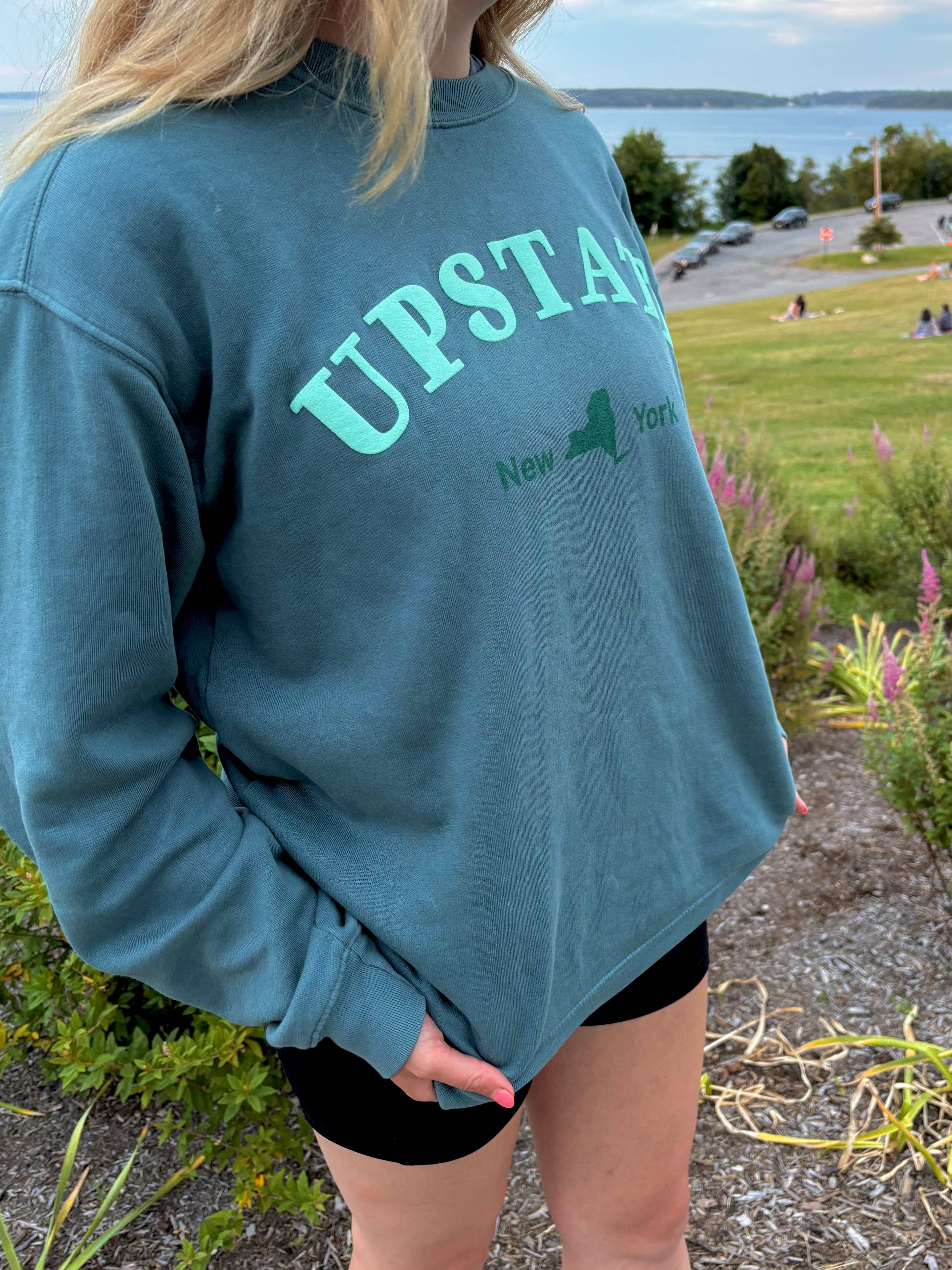 Just Wandering Co. - Wholesale Graphic Sweatshirt - Women's - Upstate New York Teal Puff Print Crewneck – Dyed Ringspun Fleece1