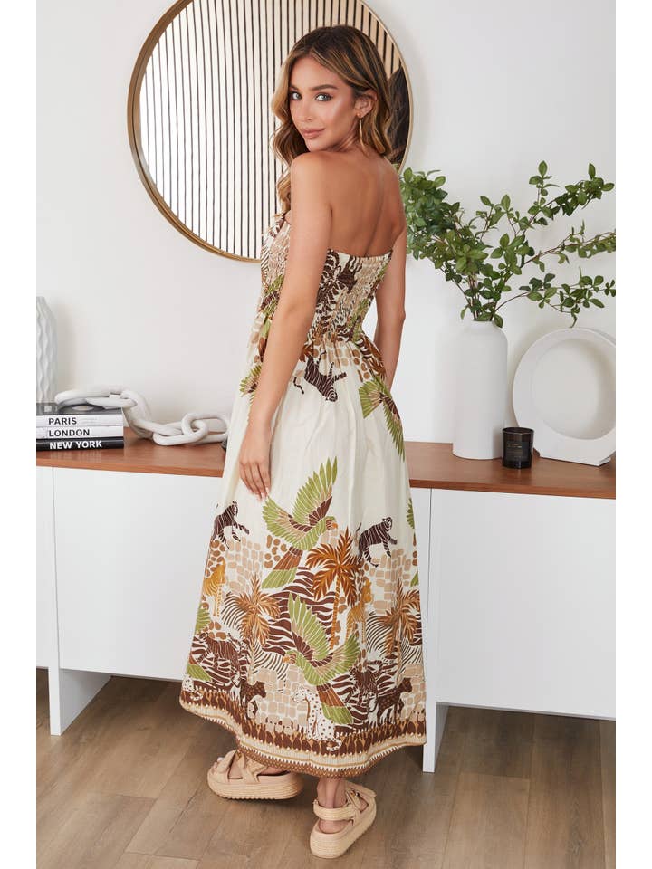 Beige WIDE LEG SAFARI PRINT STRAPLESS ROMPER (700724-SAFARI) for wholesale on Faire