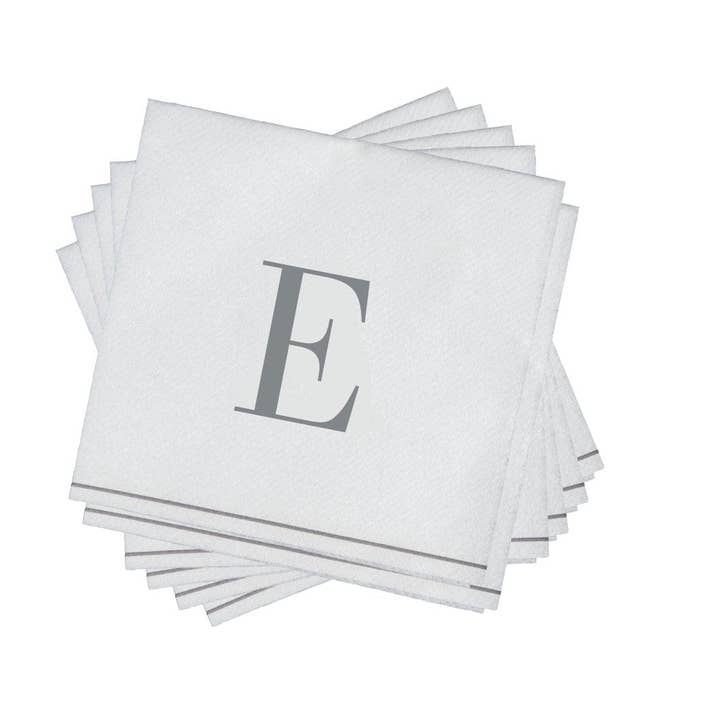 Luxe Party - Wholesale Disposable Napkin - E Silver Monogram Cocktail Paper Napkins | 16 Napkins
