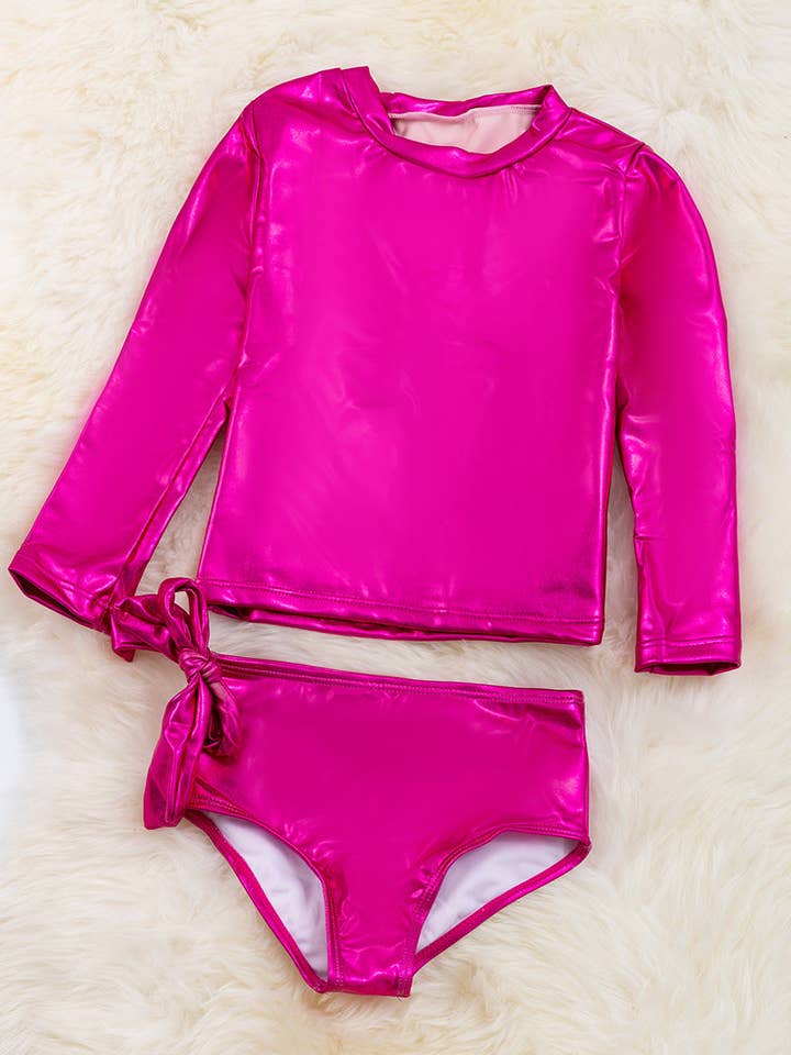 Metallic pink / Shimmery fabric swim set. SWG15154002 AMY for wholesale by Kids Charm Online