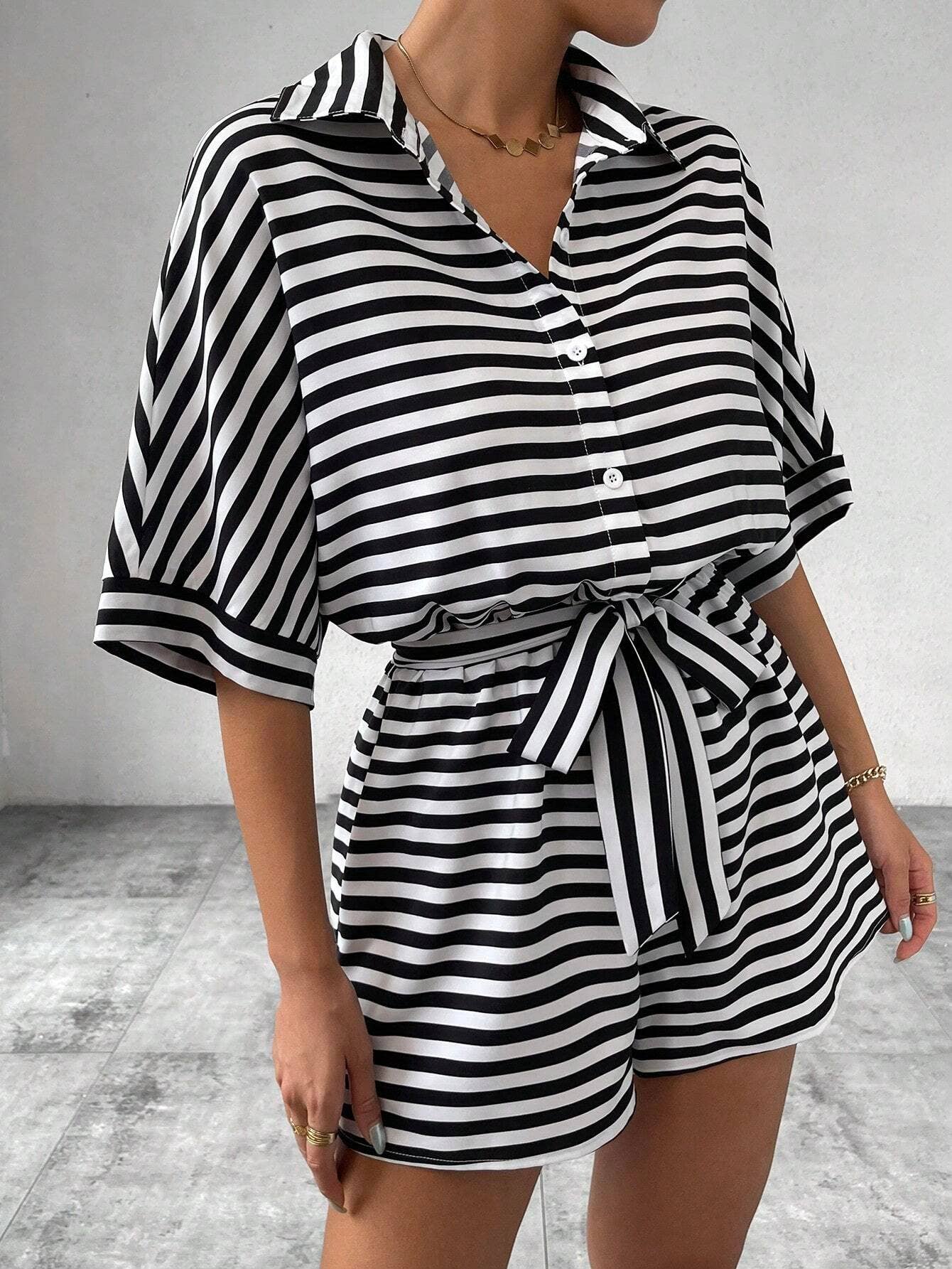 Comely Fashion - Wholesale Romper - Women's - Striped Buttons Up Summer Romper with Belt16
