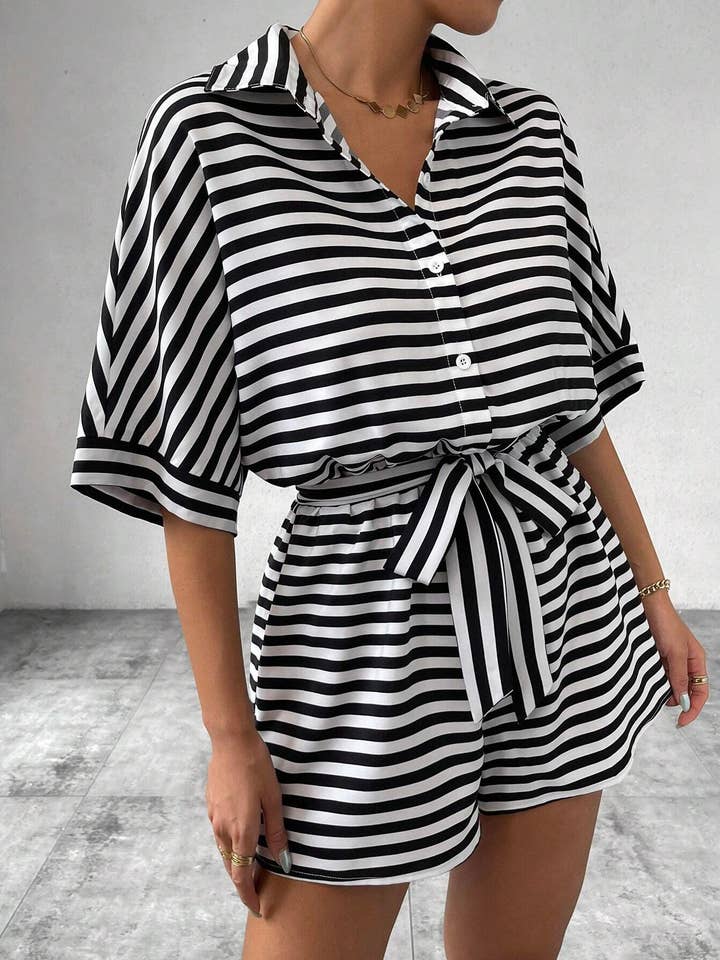 Comely Fashion - Wholesale Romper - Women's - Striped Buttons Up Summer Romper with Belt16