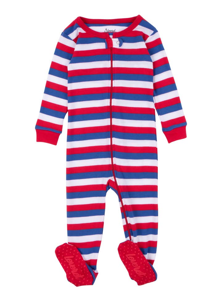 Pyjama en coton à pieds pour enfants du 4 juillet Rouge Blanc & Bleu pour la vente par Leveret Pajamas